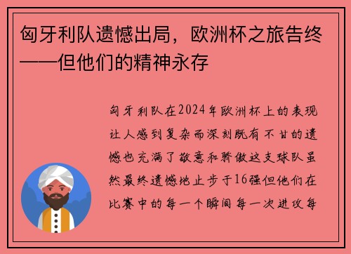 匈牙利队遗憾出局，欧洲杯之旅告终——但他们的精神永存